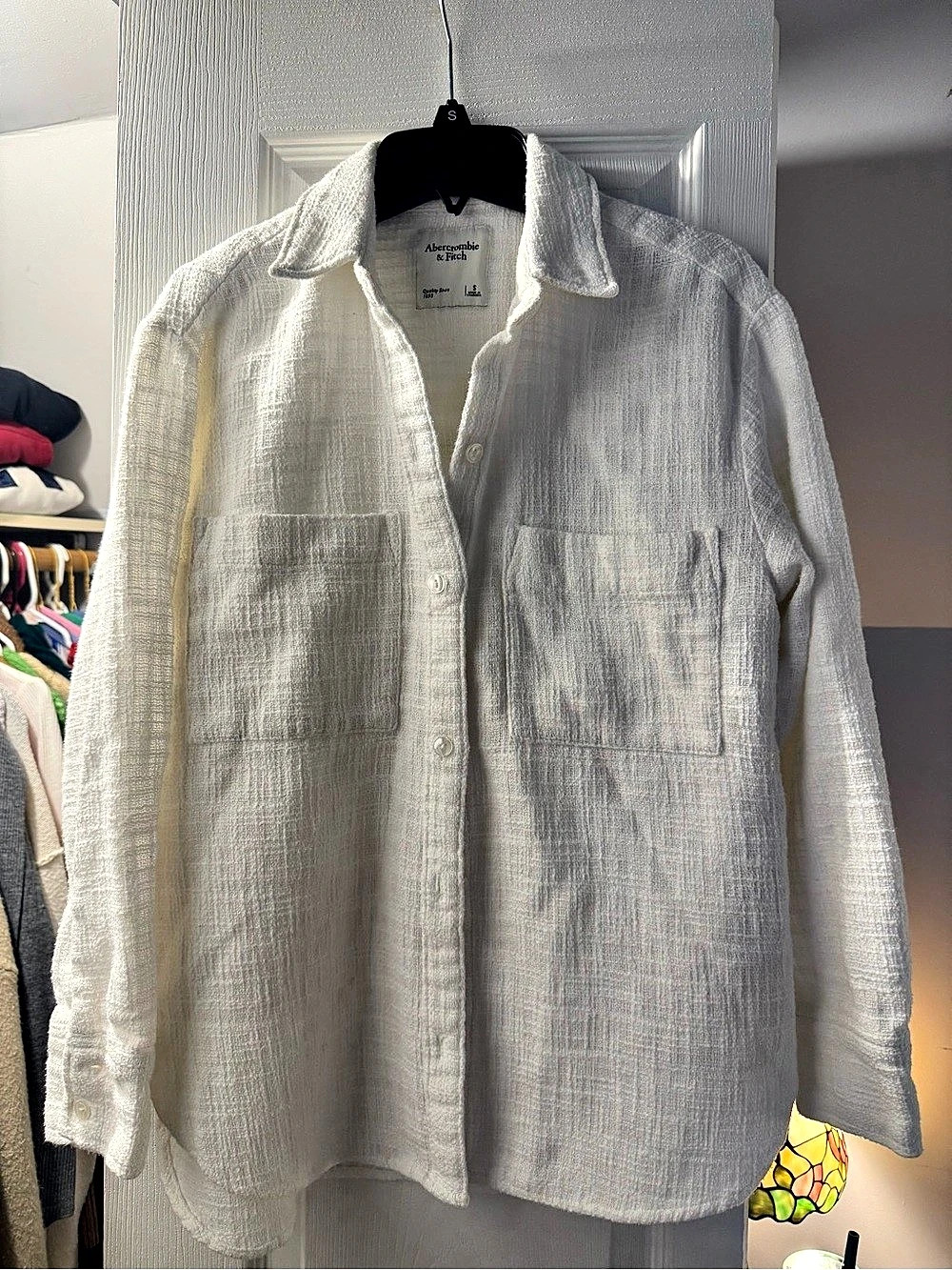 Abercrombie & Fitch Textured Long Sleeve Relaxed Shirt Linen White Small